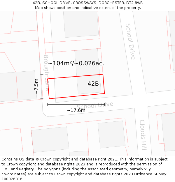 42B, SCHOOL DRIVE, CROSSWAYS, DORCHESTER, DT2 8WR: Plot and title map