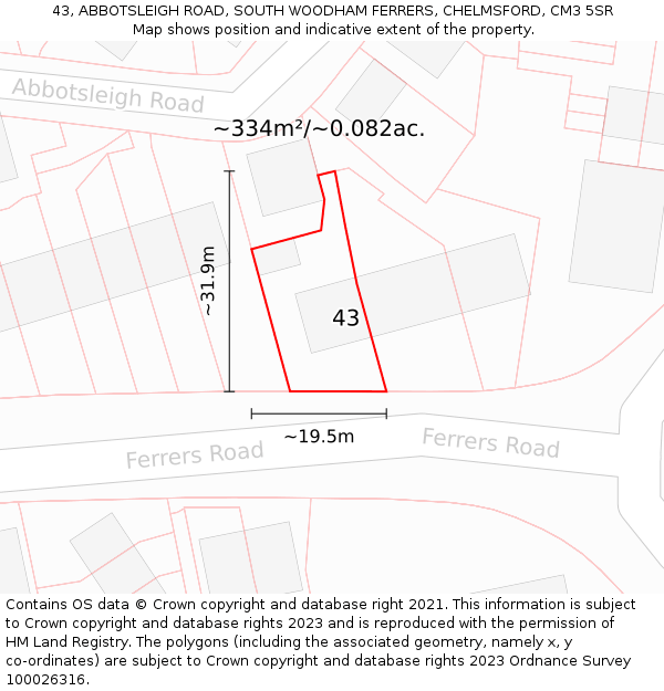 43, ABBOTSLEIGH ROAD, SOUTH WOODHAM FERRERS, CHELMSFORD, CM3 5SR: Plot and title map