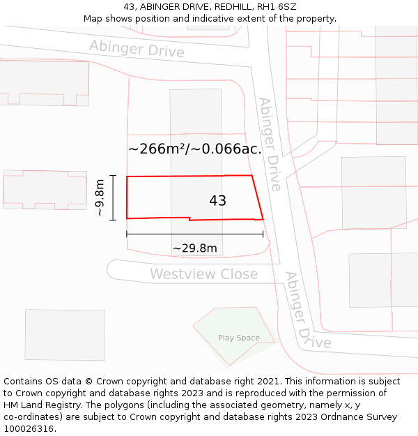 43, ABINGER DRIVE, REDHILL, RH1 6SZ: Plot and title map