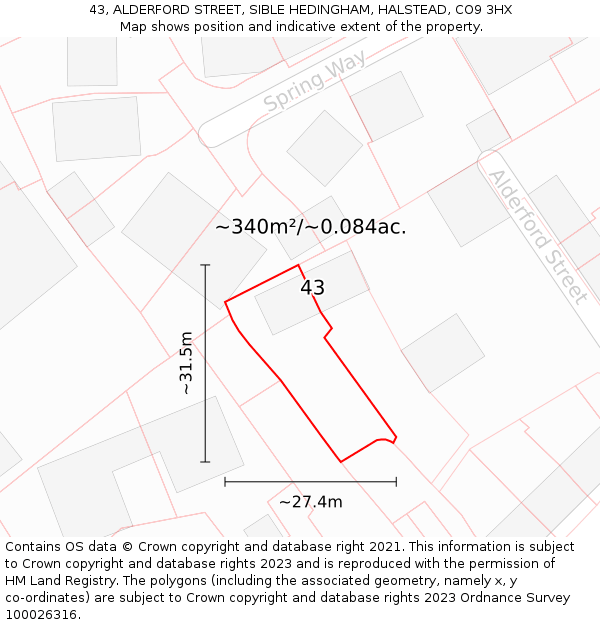 43, ALDERFORD STREET, SIBLE HEDINGHAM, HALSTEAD, CO9 3HX: Plot and title map