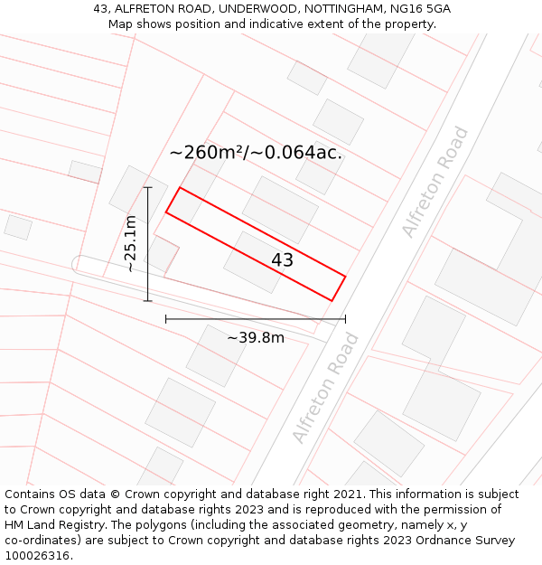 43, ALFRETON ROAD, UNDERWOOD, NOTTINGHAM, NG16 5GA: Plot and title map