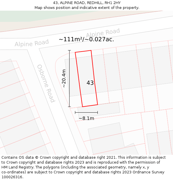 43, ALPINE ROAD, REDHILL, RH1 2HY: Plot and title map