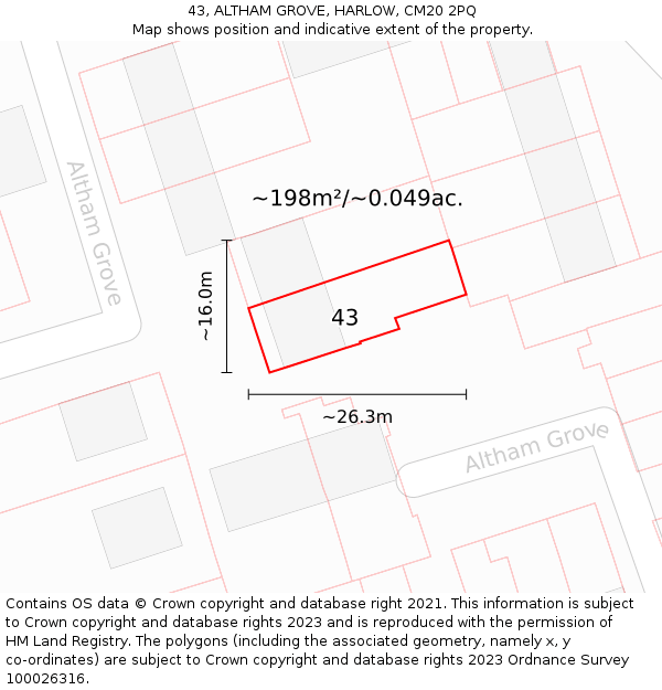 43, ALTHAM GROVE, HARLOW, CM20 2PQ: Plot and title map