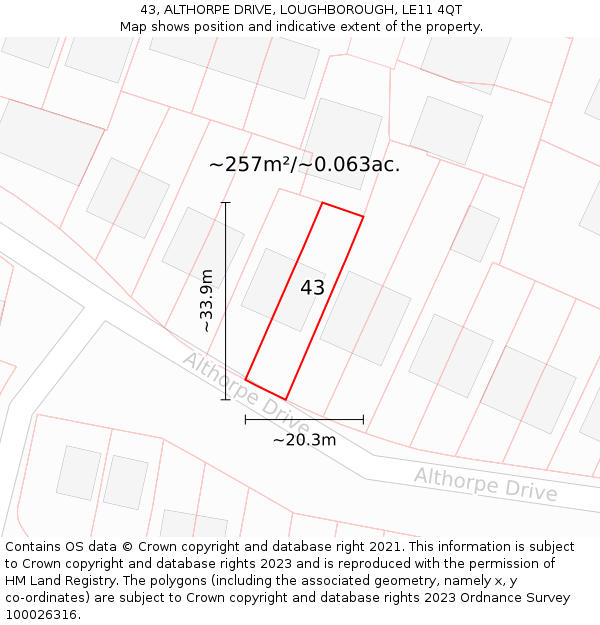 43, ALTHORPE DRIVE, LOUGHBOROUGH, LE11 4QT: Plot and title map