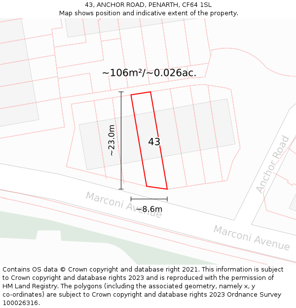 43, ANCHOR ROAD, PENARTH, CF64 1SL: Plot and title map