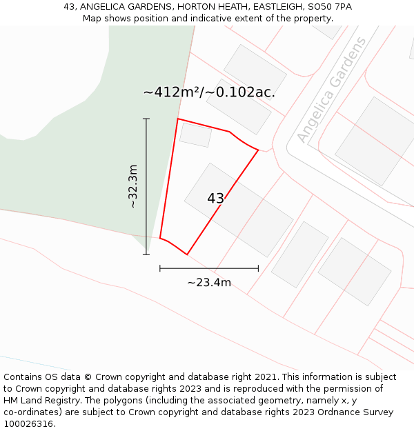 43, ANGELICA GARDENS, HORTON HEATH, EASTLEIGH, SO50 7PA: Plot and title map