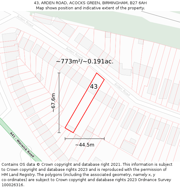 43, ARDEN ROAD, ACOCKS GREEN, BIRMINGHAM, B27 6AH: Plot and title map