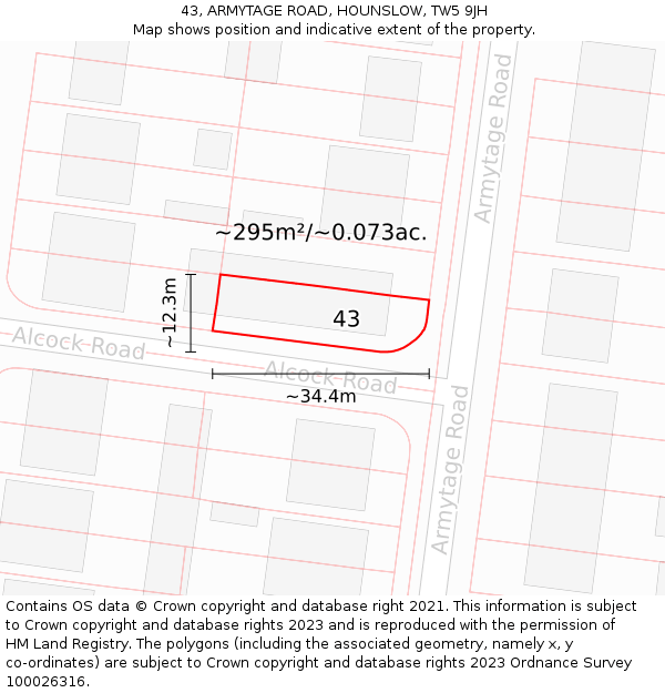 43, ARMYTAGE ROAD, HOUNSLOW, TW5 9JH: Plot and title map