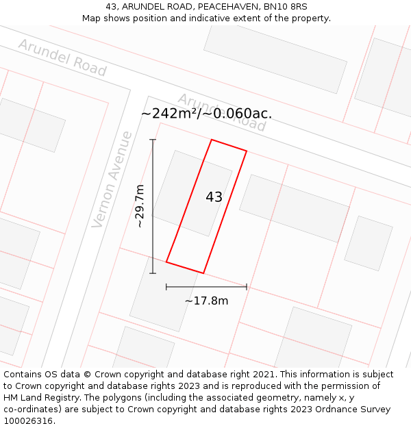 43, ARUNDEL ROAD, PEACEHAVEN, BN10 8RS: Plot and title map