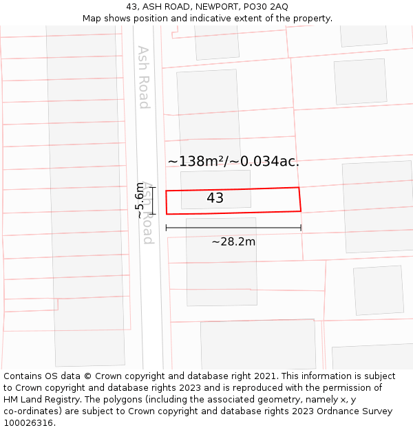 43, ASH ROAD, NEWPORT, PO30 2AQ: Plot and title map