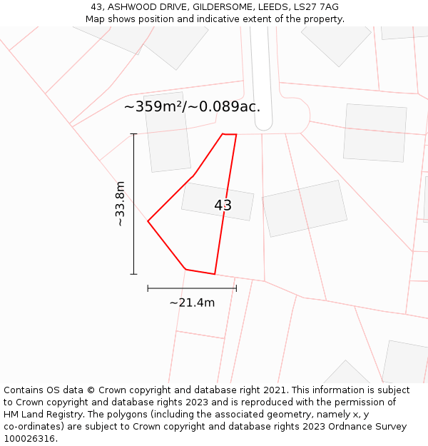 43, ASHWOOD DRIVE, GILDERSOME, LEEDS, LS27 7AG: Plot and title map