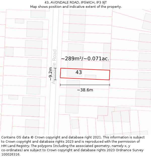 43, AVONDALE ROAD, IPSWICH, IP3 9JT: Plot and title map