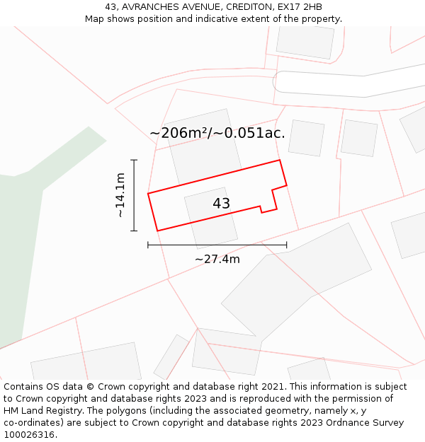 43, AVRANCHES AVENUE, CREDITON, EX17 2HB: Plot and title map