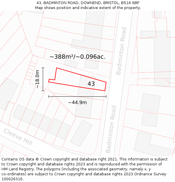 43, BADMINTON ROAD, DOWNEND, BRISTOL, BS16 6BP: Plot and title map