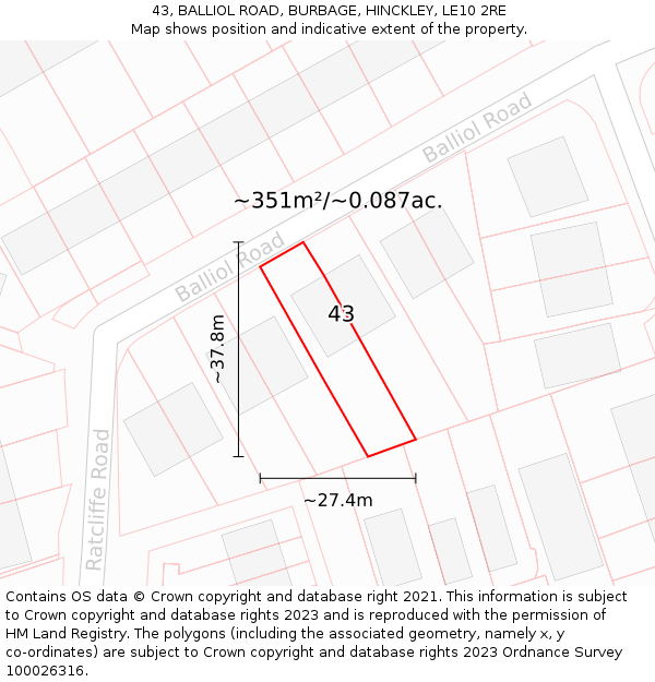 43, BALLIOL ROAD, BURBAGE, HINCKLEY, LE10 2RE: Plot and title map