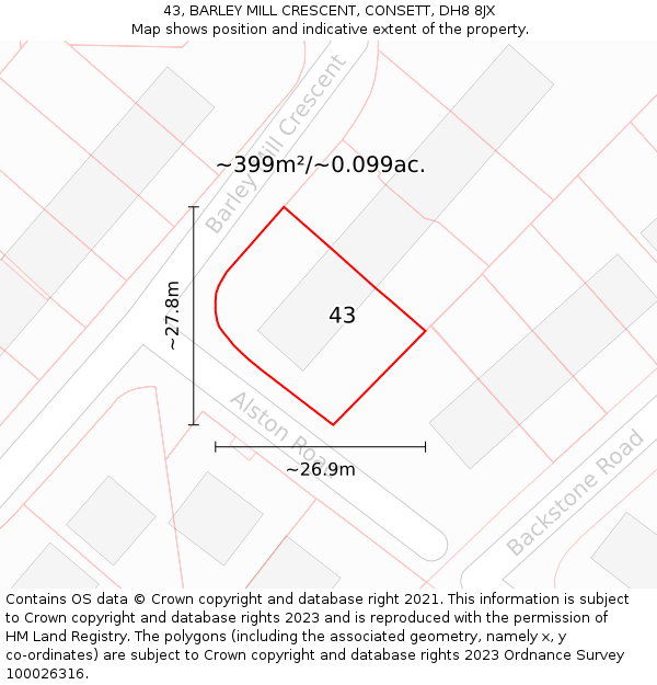 43, BARLEY MILL CRESCENT, CONSETT, DH8 8JX: Plot and title map