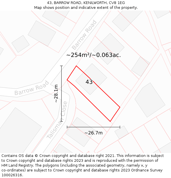 43, BARROW ROAD, KENILWORTH, CV8 1EG: Plot and title map