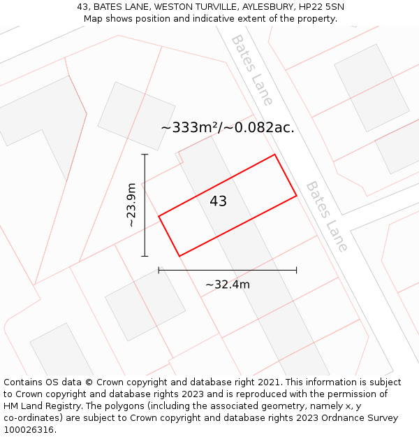 43, BATES LANE, WESTON TURVILLE, AYLESBURY, HP22 5SN: Plot and title map