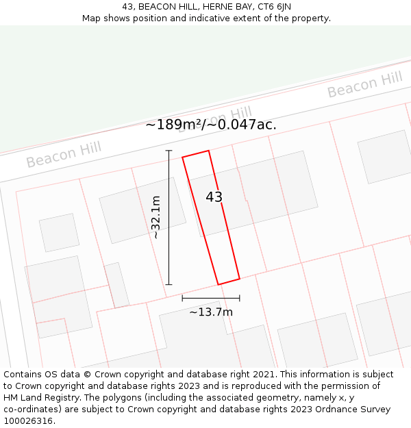 43, BEACON HILL, HERNE BAY, CT6 6JN: Plot and title map