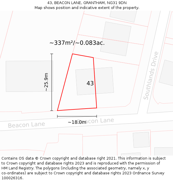 43, BEACON LANE, GRANTHAM, NG31 9DN: Plot and title map