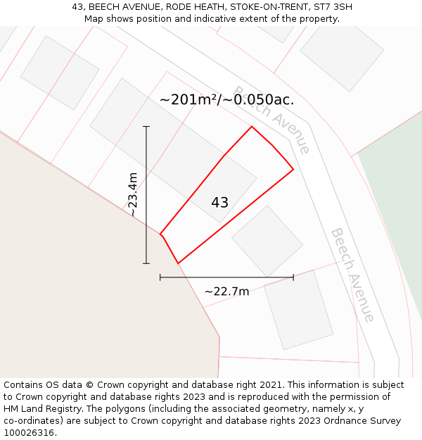 43, BEECH AVENUE, RODE HEATH, STOKE-ON-TRENT, ST7 3SH: Plot and title map