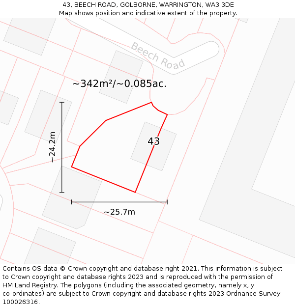 43, BEECH ROAD, GOLBORNE, WARRINGTON, WA3 3DE: Plot and title map