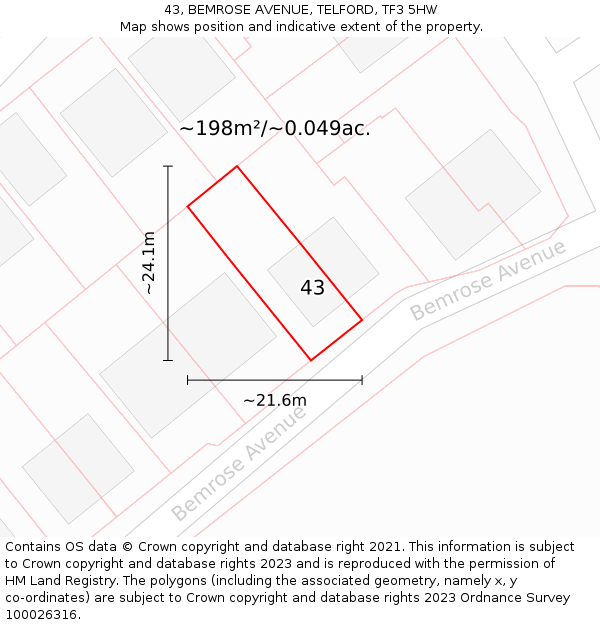 43, BEMROSE AVENUE, TELFORD, TF3 5HW: Plot and title map