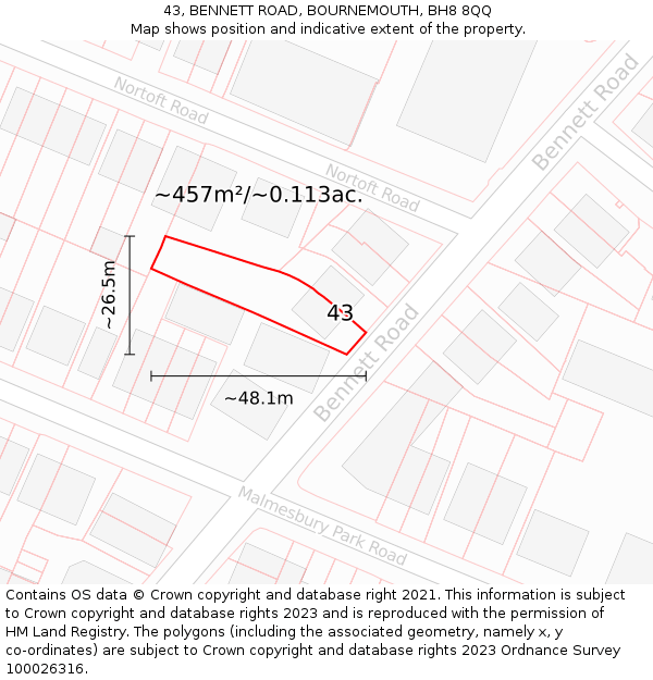 43, BENNETT ROAD, BOURNEMOUTH, BH8 8QQ: Plot and title map