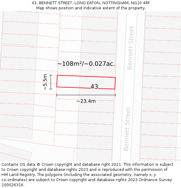 43, BENNETT STREET, LONG EATON, NOTTINGHAM, NG10 4RF: Plot and title map