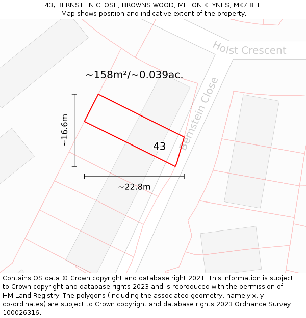 43, BERNSTEIN CLOSE, BROWNS WOOD, MILTON KEYNES, MK7 8EH: Plot and title map