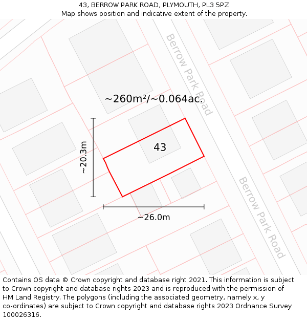 43, BERROW PARK ROAD, PLYMOUTH, PL3 5PZ: Plot and title map
