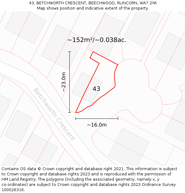 43, BETCHWORTH CRESCENT, BEECHWOOD, RUNCORN, WA7 2YA: Plot and title map