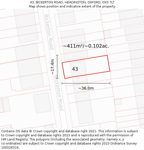 43, BICKERTON ROAD, HEADINGTON, OXFORD, OX3 7LT: Plot and title map