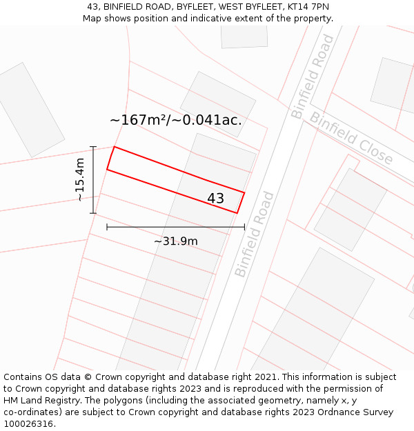 43, BINFIELD ROAD, BYFLEET, WEST BYFLEET, KT14 7PN: Plot and title map