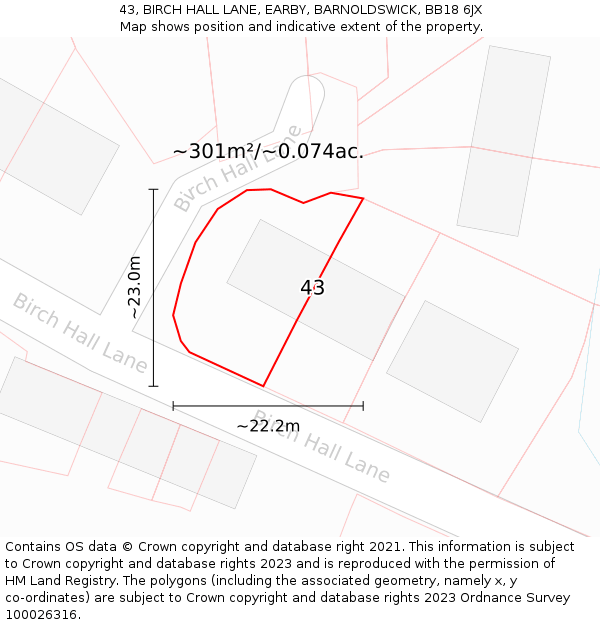 43, BIRCH HALL LANE, EARBY, BARNOLDSWICK, BB18 6JX: Plot and title map