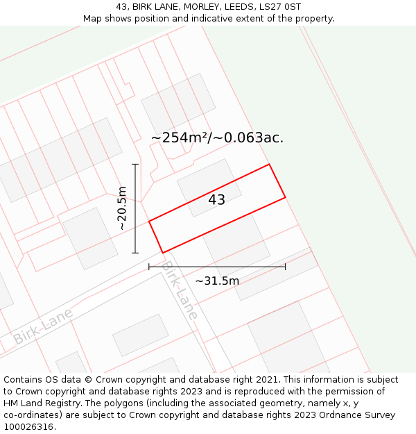 43, BIRK LANE, MORLEY, LEEDS, LS27 0ST: Plot and title map