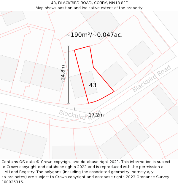 43, BLACKBIRD ROAD, CORBY, NN18 8FE: Plot and title map