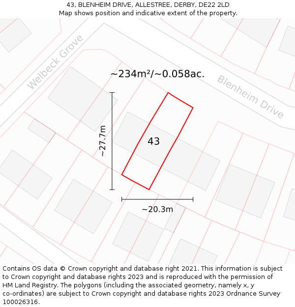 43, BLENHEIM DRIVE, ALLESTREE, DERBY, DE22 2LD: Plot and title map