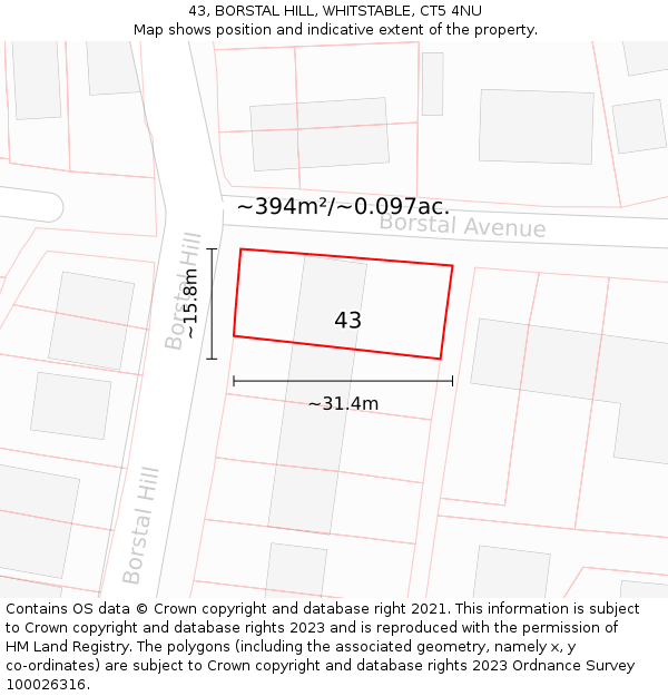 43, BORSTAL HILL, WHITSTABLE, CT5 4NU: Plot and title map