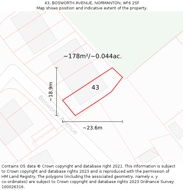 43, BOSWORTH AVENUE, NORMANTON, WF6 2SF: Plot and title map