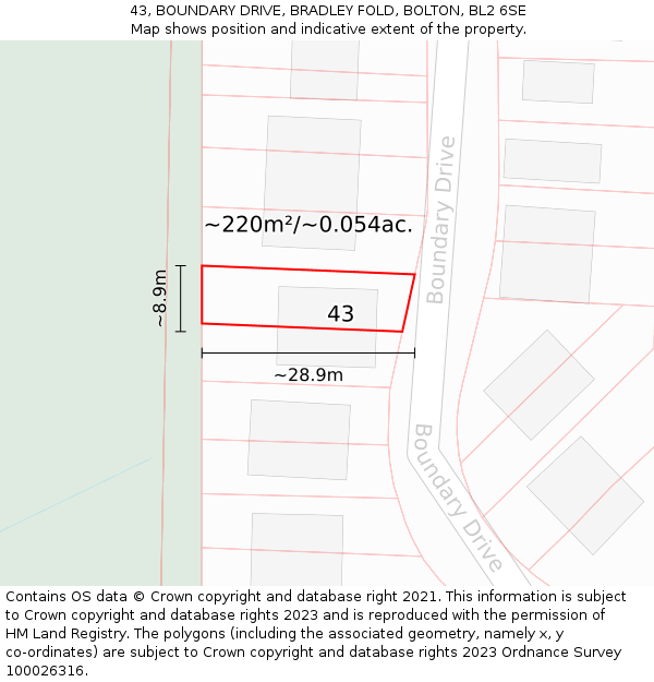 43, BOUNDARY DRIVE, BRADLEY FOLD, BOLTON, BL2 6SE: Plot and title map