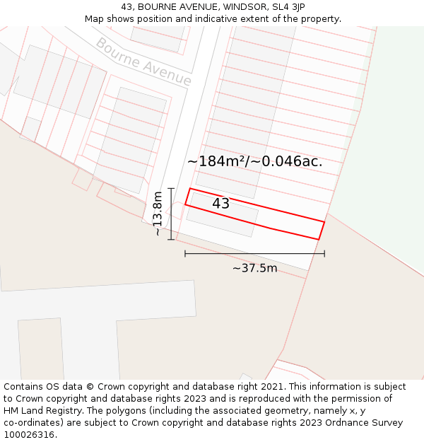 43, BOURNE AVENUE, WINDSOR, SL4 3JP: Plot and title map