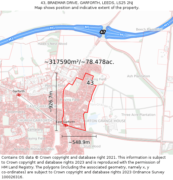 43, BRAEMAR DRIVE, GARFORTH, LEEDS, LS25 2NJ: Plot and title map