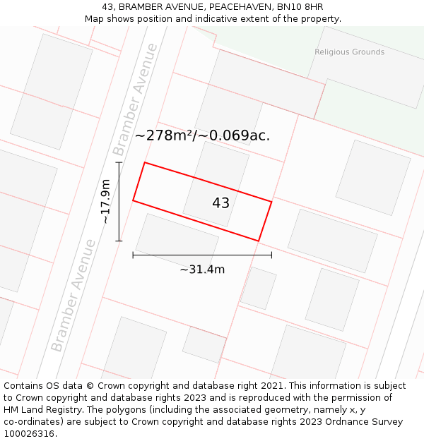 43, BRAMBER AVENUE, PEACEHAVEN, BN10 8HR: Plot and title map