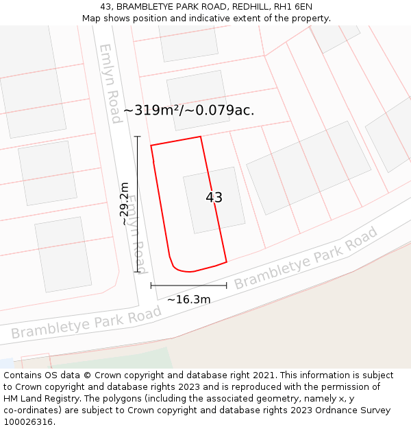 43, BRAMBLETYE PARK ROAD, REDHILL, RH1 6EN: Plot and title map