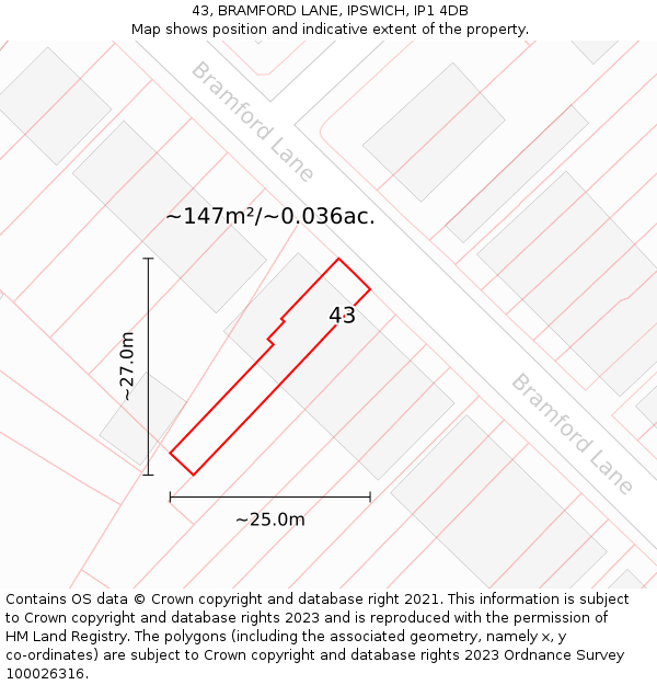 43, BRAMFORD LANE, IPSWICH, IP1 4DB: Plot and title map