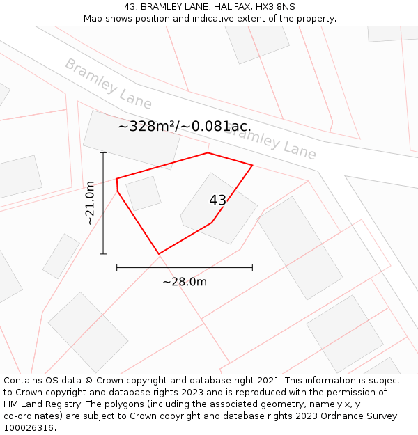 43, BRAMLEY LANE, HALIFAX, HX3 8NS: Plot and title map