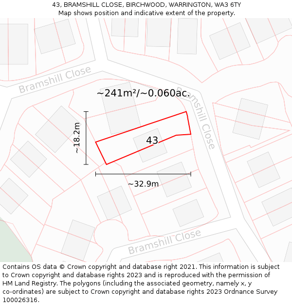 43, BRAMSHILL CLOSE, BIRCHWOOD, WARRINGTON, WA3 6TY: Plot and title map