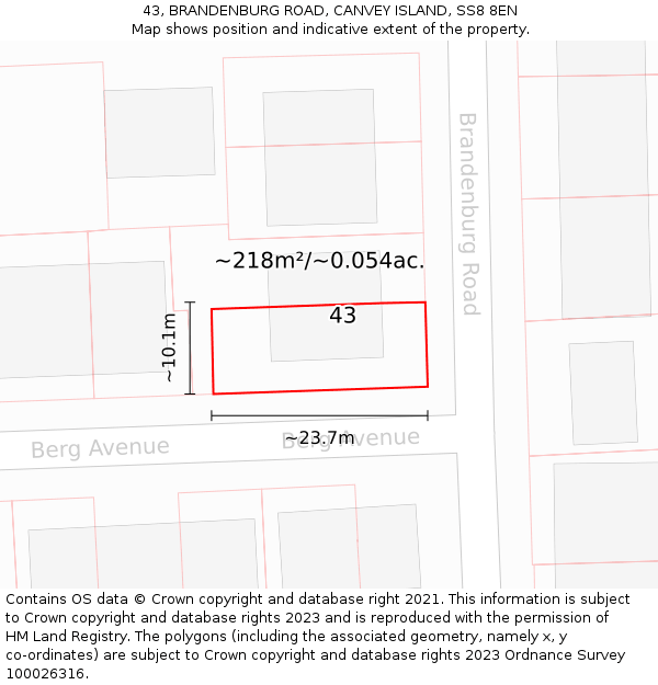 43, BRANDENBURG ROAD, CANVEY ISLAND, SS8 8EN: Plot and title map