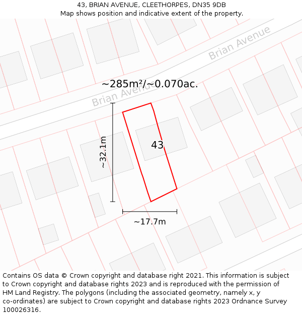 43, BRIAN AVENUE, CLEETHORPES, DN35 9DB: Plot and title map